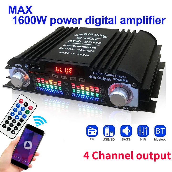 1600W HiFi Bluetooth 4-Channel Audio Amplifier