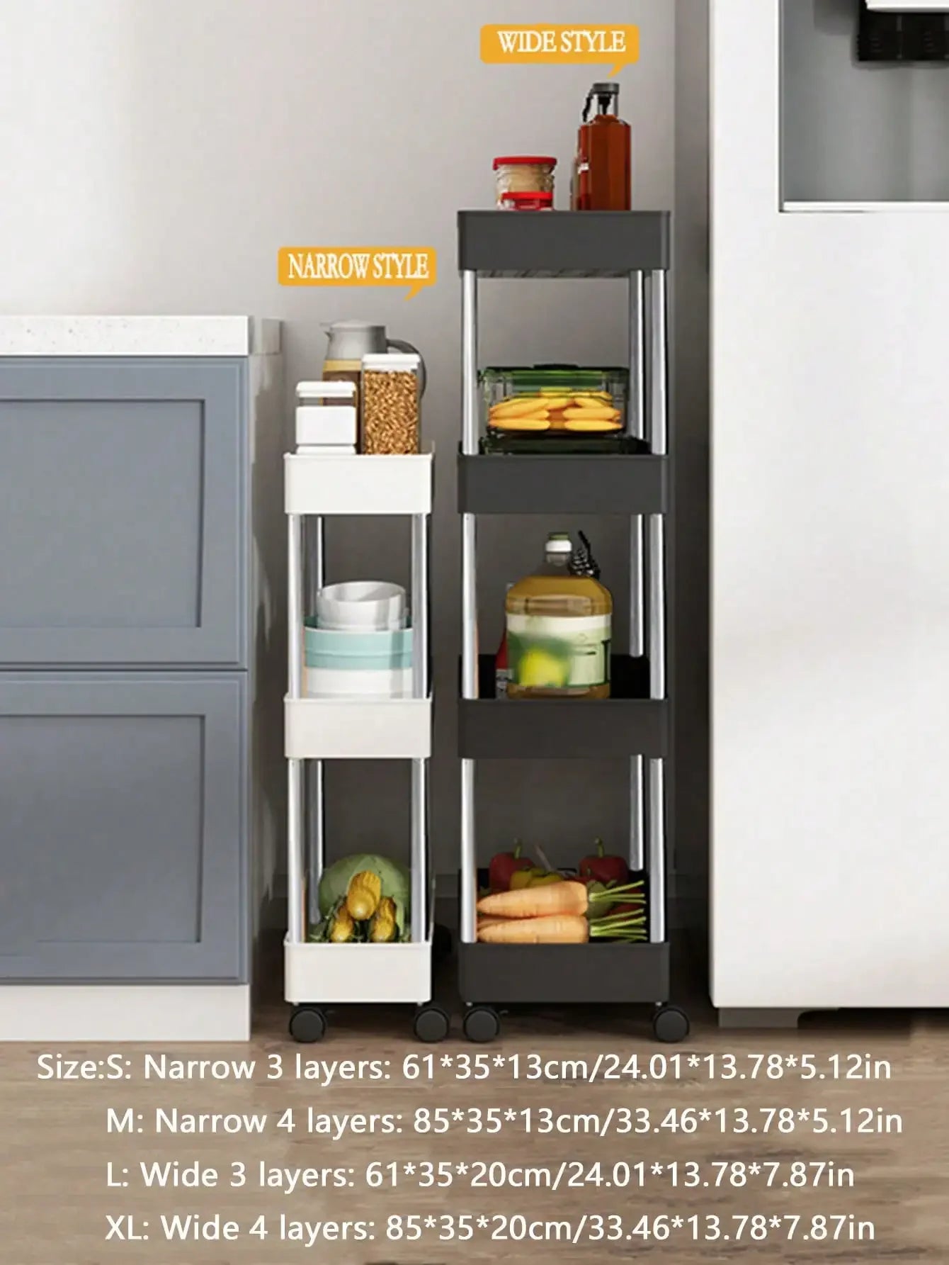 3/4-Tier Slim Rolling Storage Rack
