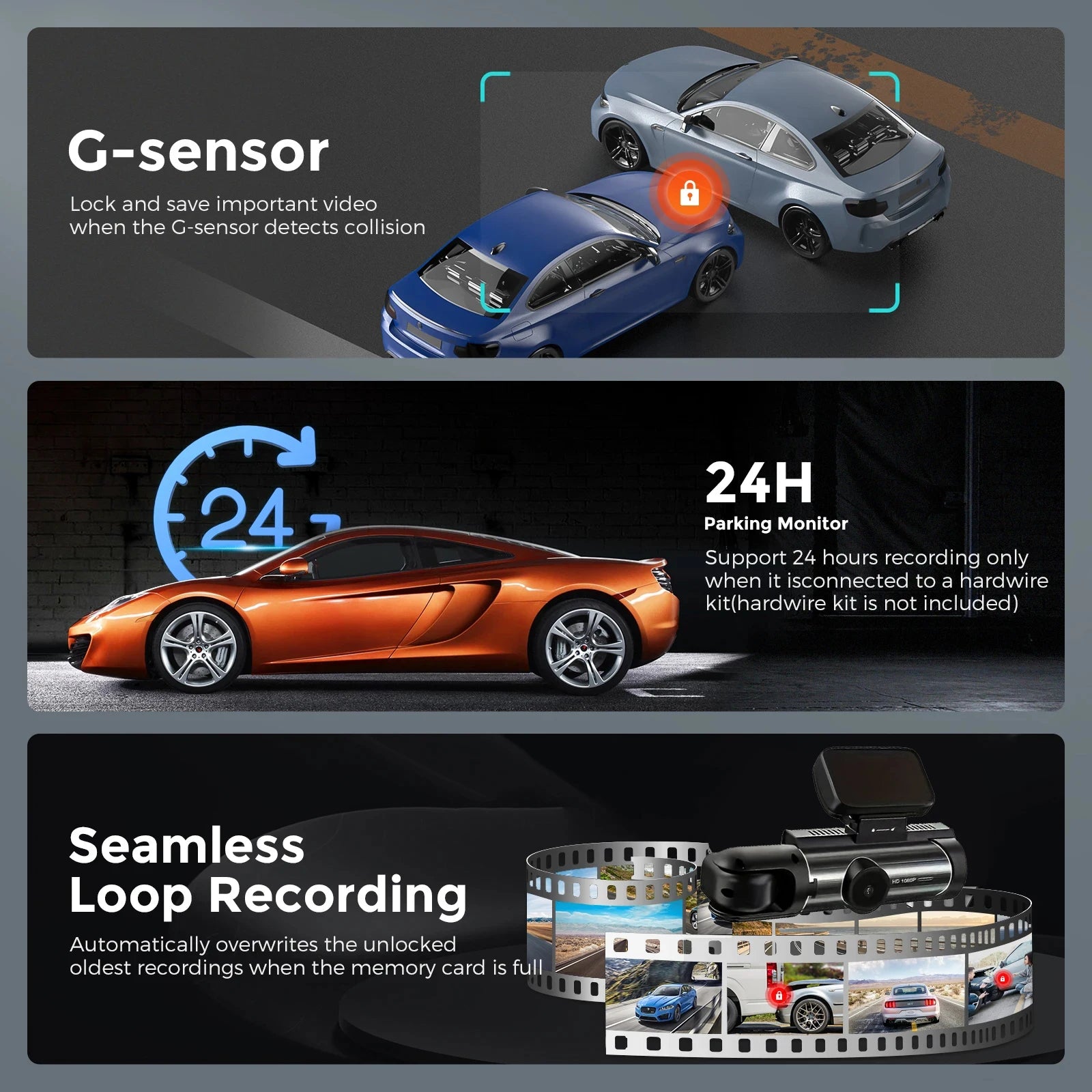 1080P WiFi Dual Dash Cam with Night Vision