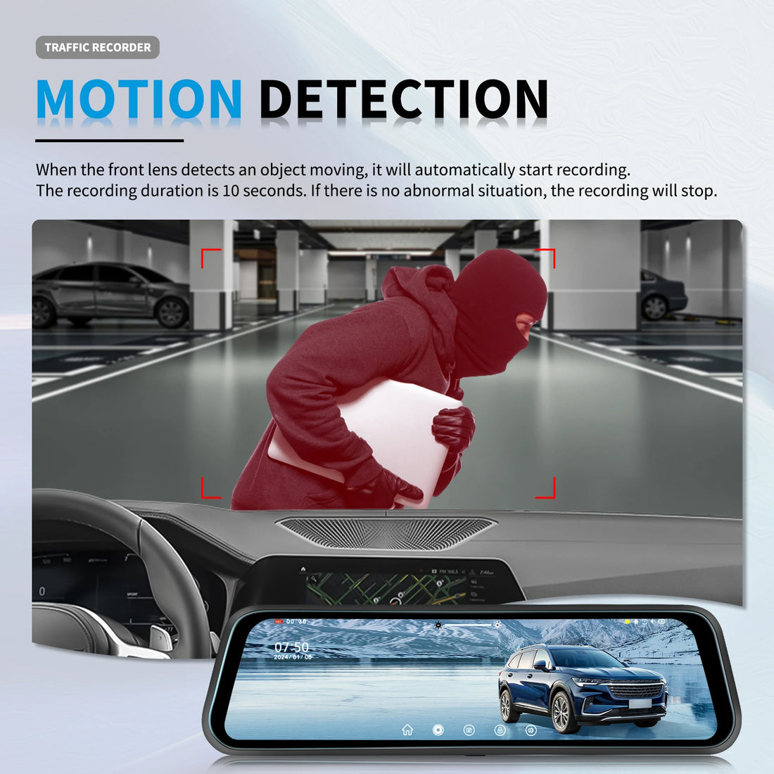 Podofo 9.66Inch Dash Cam 1080P Car DVR Dual Lens HD Rear View Mirror Car Recorder Loop Recording Motion Detection Night Vision