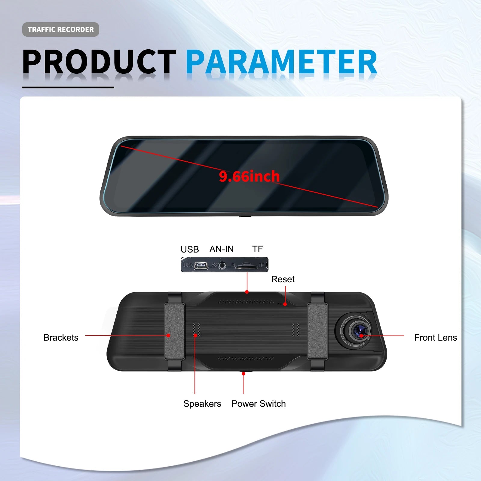 Podofo 9.66Inch Dash Cam 1080P Car DVR Dual Lens HD Rear View Mirror Car Recorder Loop Recording Motion Detection Night Vision