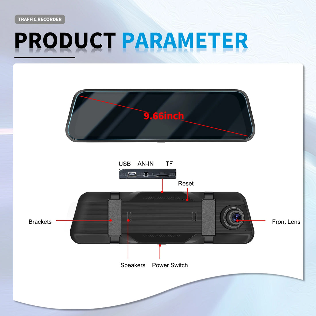 Podofo 9.66Inch Dash Cam 1080P Car DVR Dual Lens HD Rear View Mirror Car Recorder Loop Recording Motion Detection Night Vision