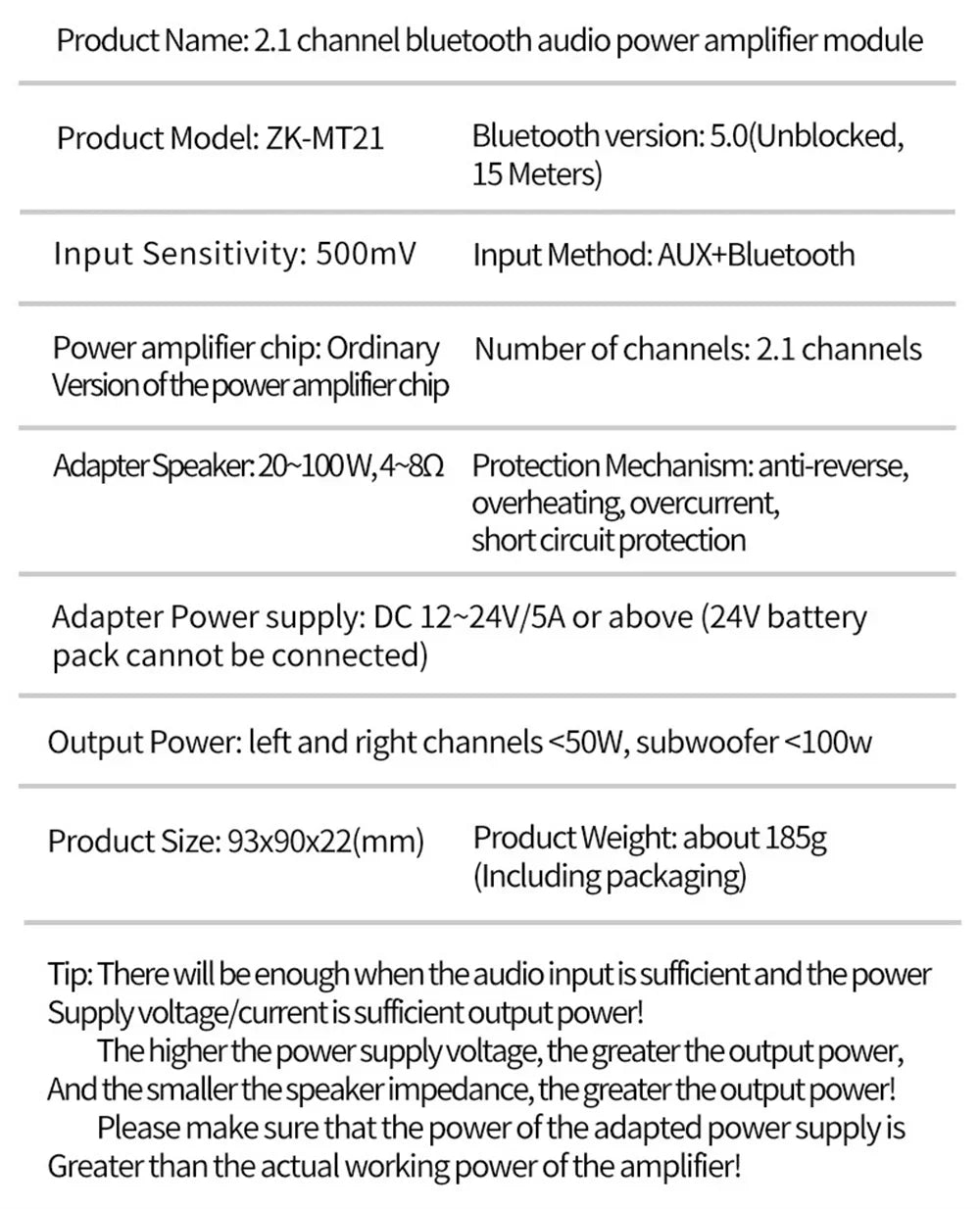 ZK-MT21 2.1 Channel Bluetooth Power Amplifier Board (2x50W + 100W)