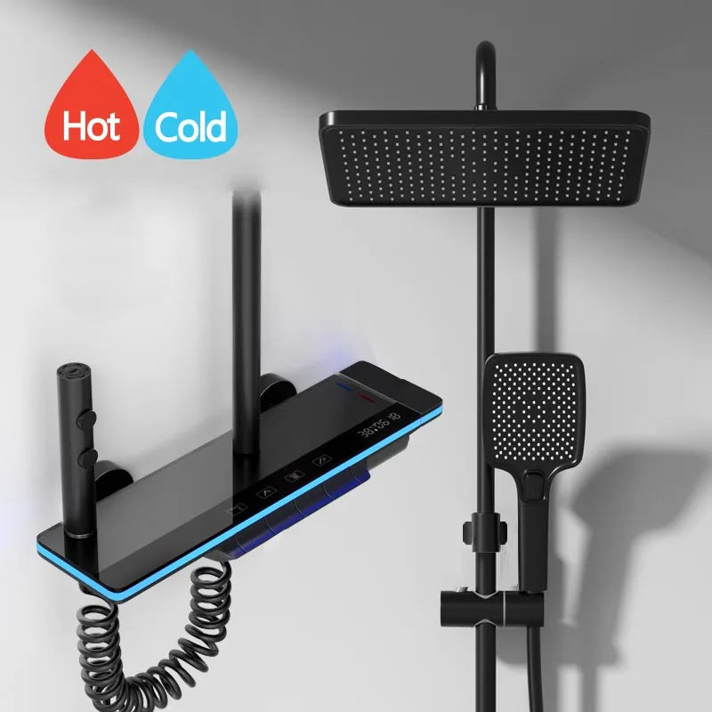 Bathroom Luxury Shower System with Lights Tempered Glass Piano Key Smart Digital Display Thermostat Mixer Shower Faucet Full Set