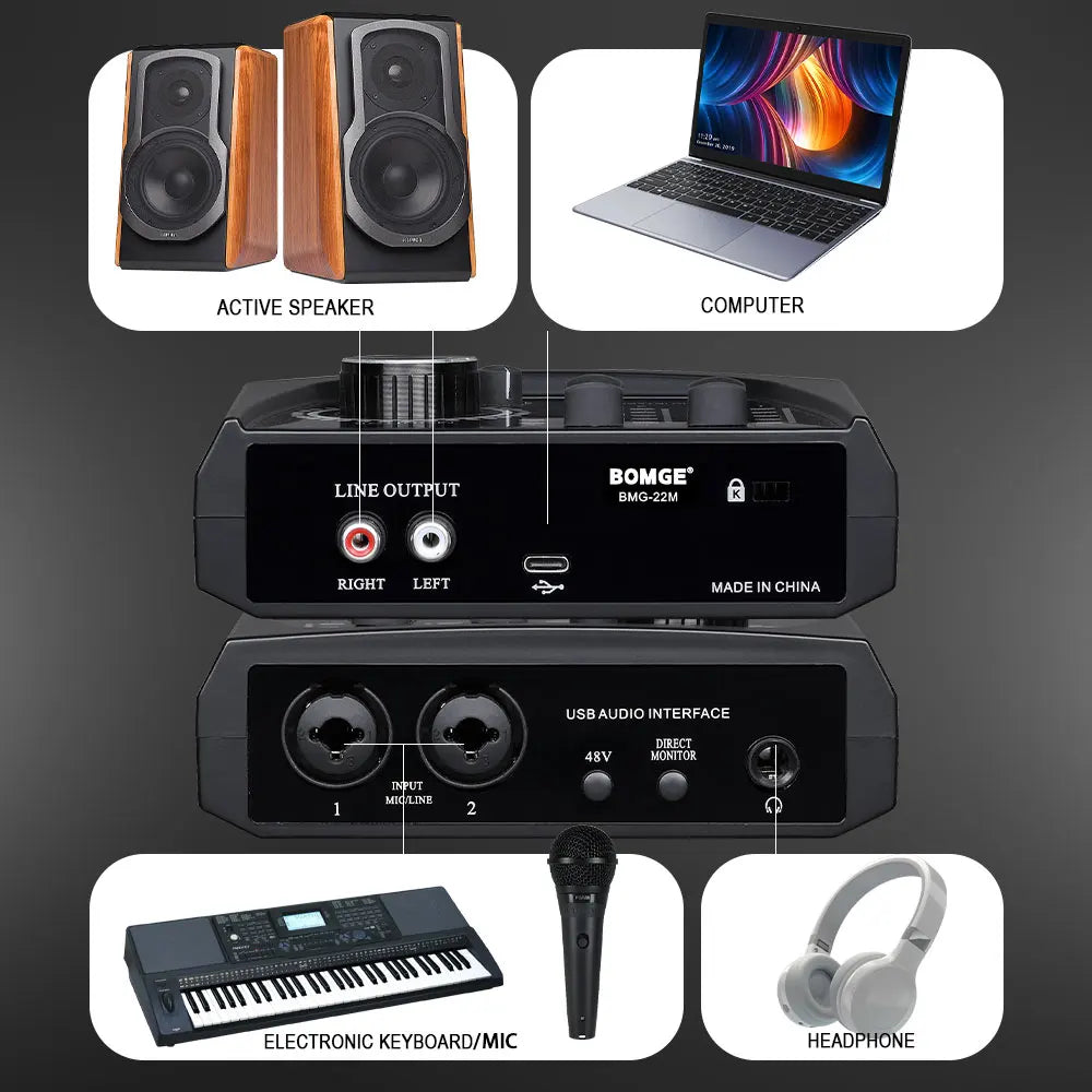 BOMGE Mini 2-Channel USB Audio Interface with Phantom Power