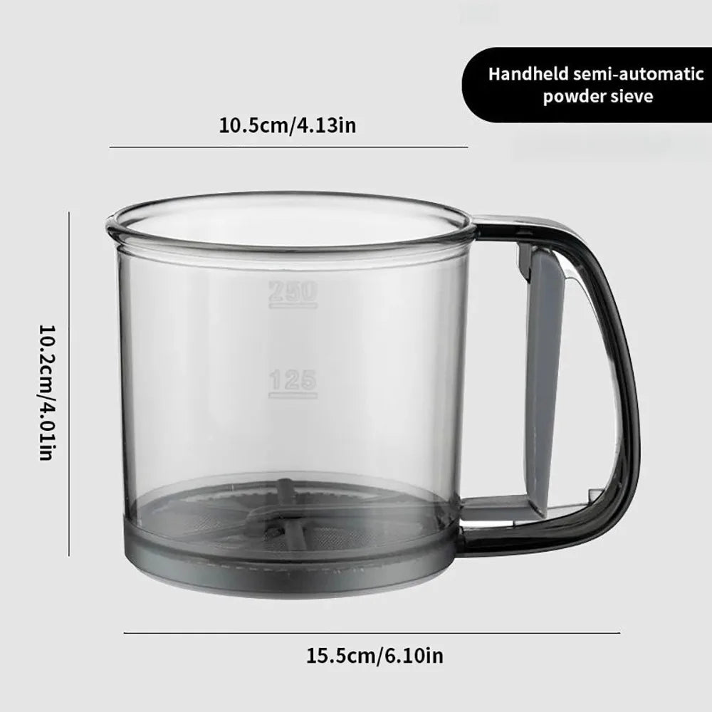 1Pcs Fine Mesh Flour Sifter with Tray Powdered Sugar Plastic Sifter One Hand Press Design Kitchen Cake Filter Baking Tool