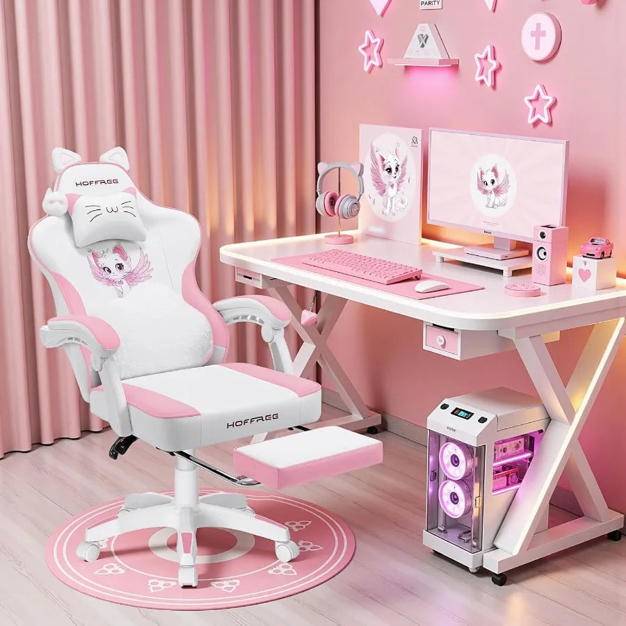 Pink Gaming Chair with Cat Ears and Cloud Massage Lumbar Ergonomic Cute Computer Chair for Girls with Footrest Comfortable Recl