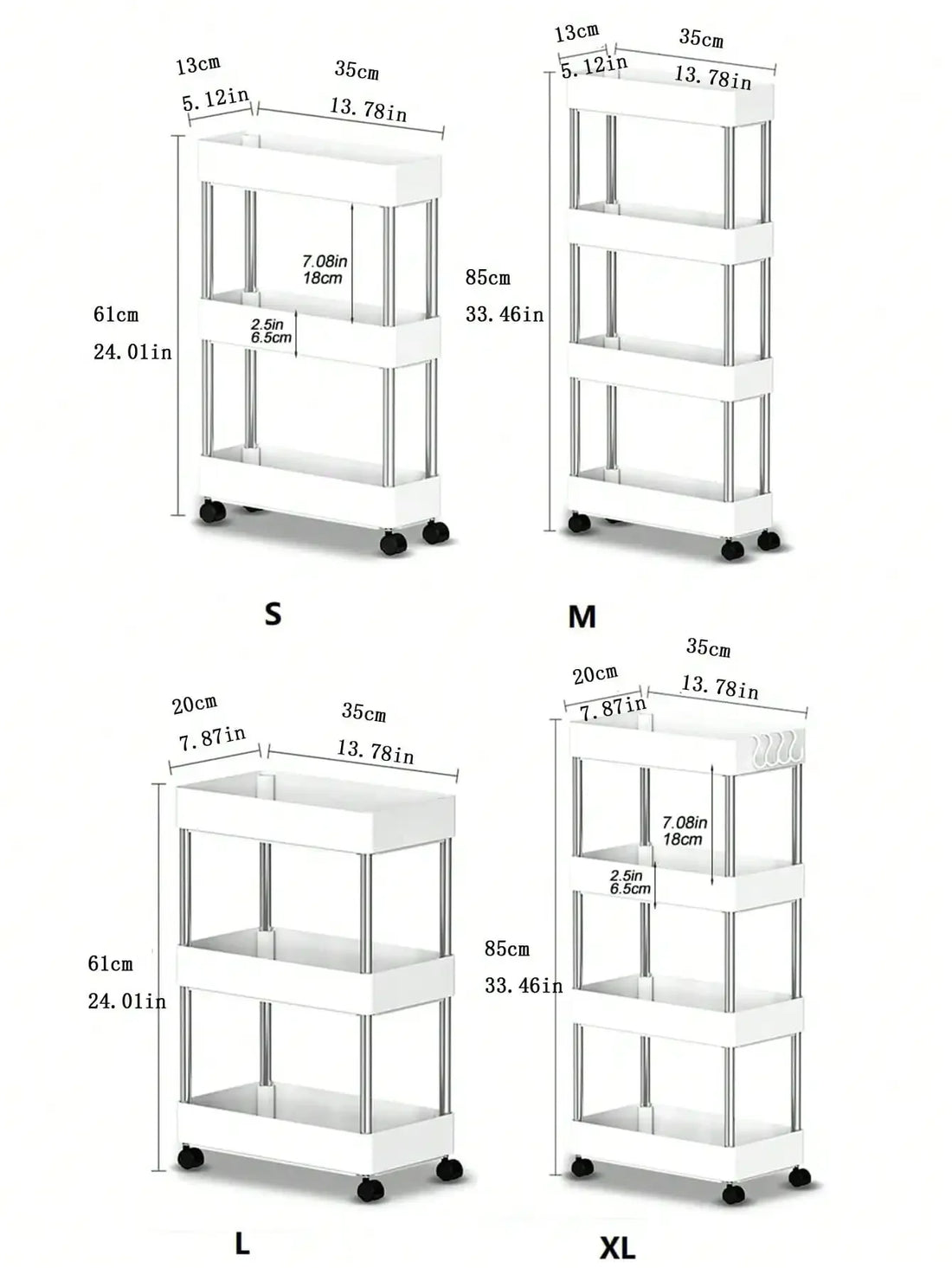 3/4-Tier Slim Rolling Storage Rack