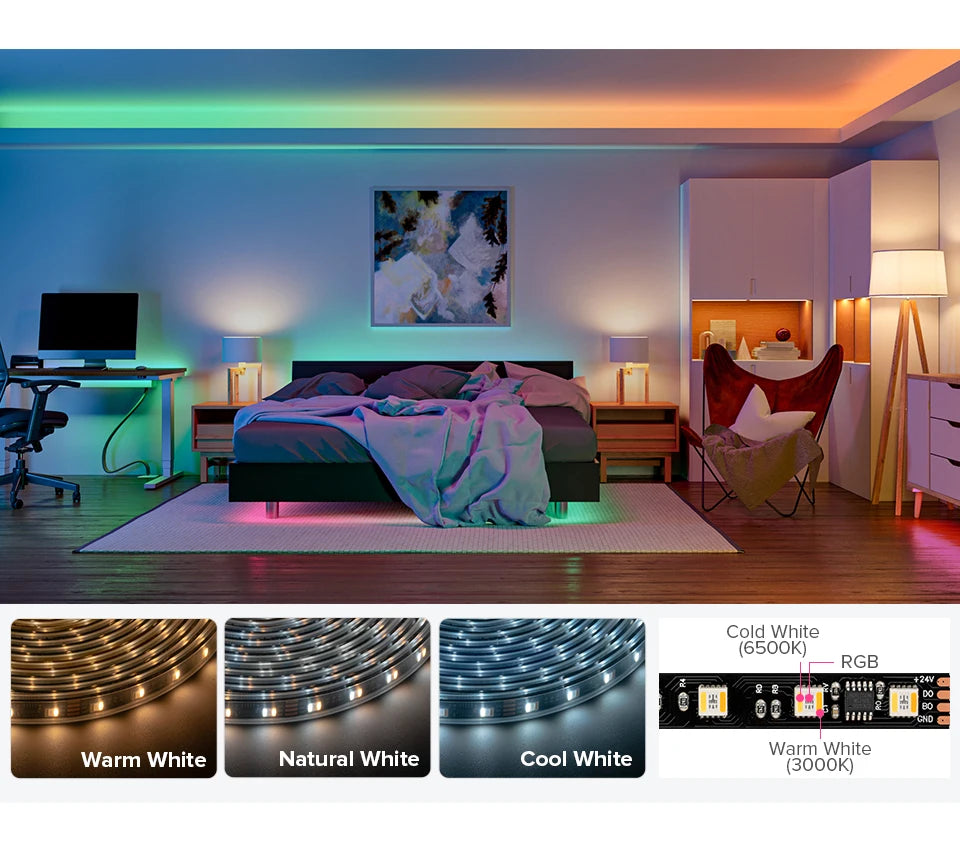 WS2805 Pixels LED Strip Light RGBCCT 5 in 1 Addressable LED Lights Dual Signal RGB WW CW 3000K-6500K 12V 24V 60LED 1IC to 3/6LED