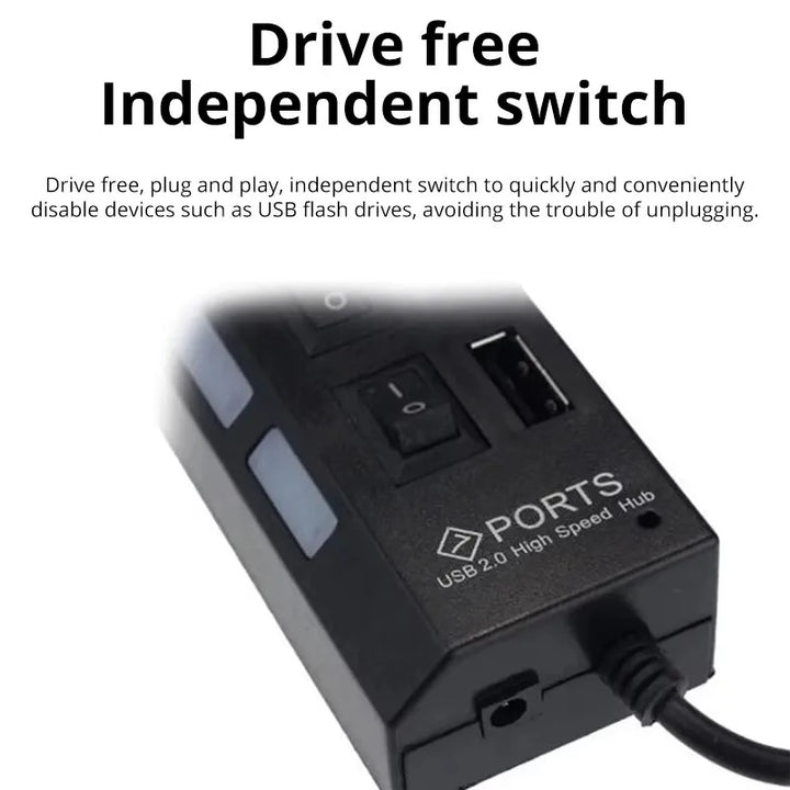 7-Port USB 2.0 Extension Hub – One-to-Seven Splitter for PC & Laptop