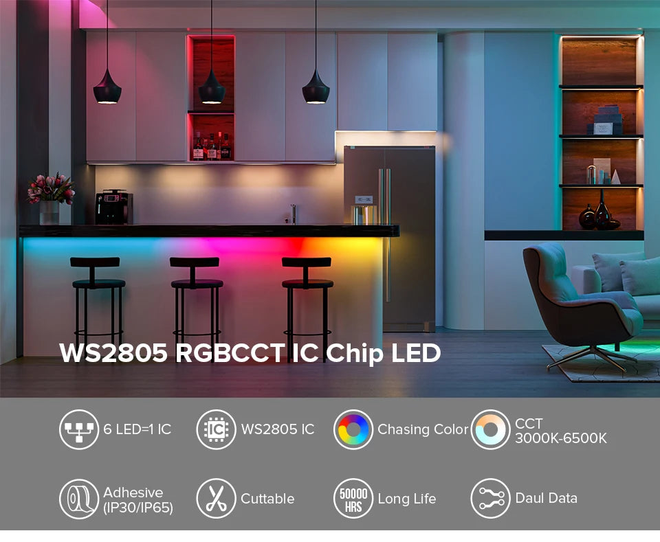 WS2805 Pixels LED Strip Light RGBCCT 5 in 1 Addressable LED Lights Dual Signal RGB WW CW 3000K-6500K 12V 24V 60LED 1IC to 3/6LED