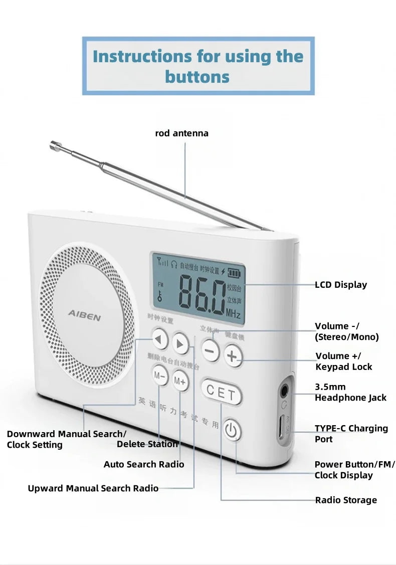 AIBEN C5S Mini Portable Rechargeable FM Radio