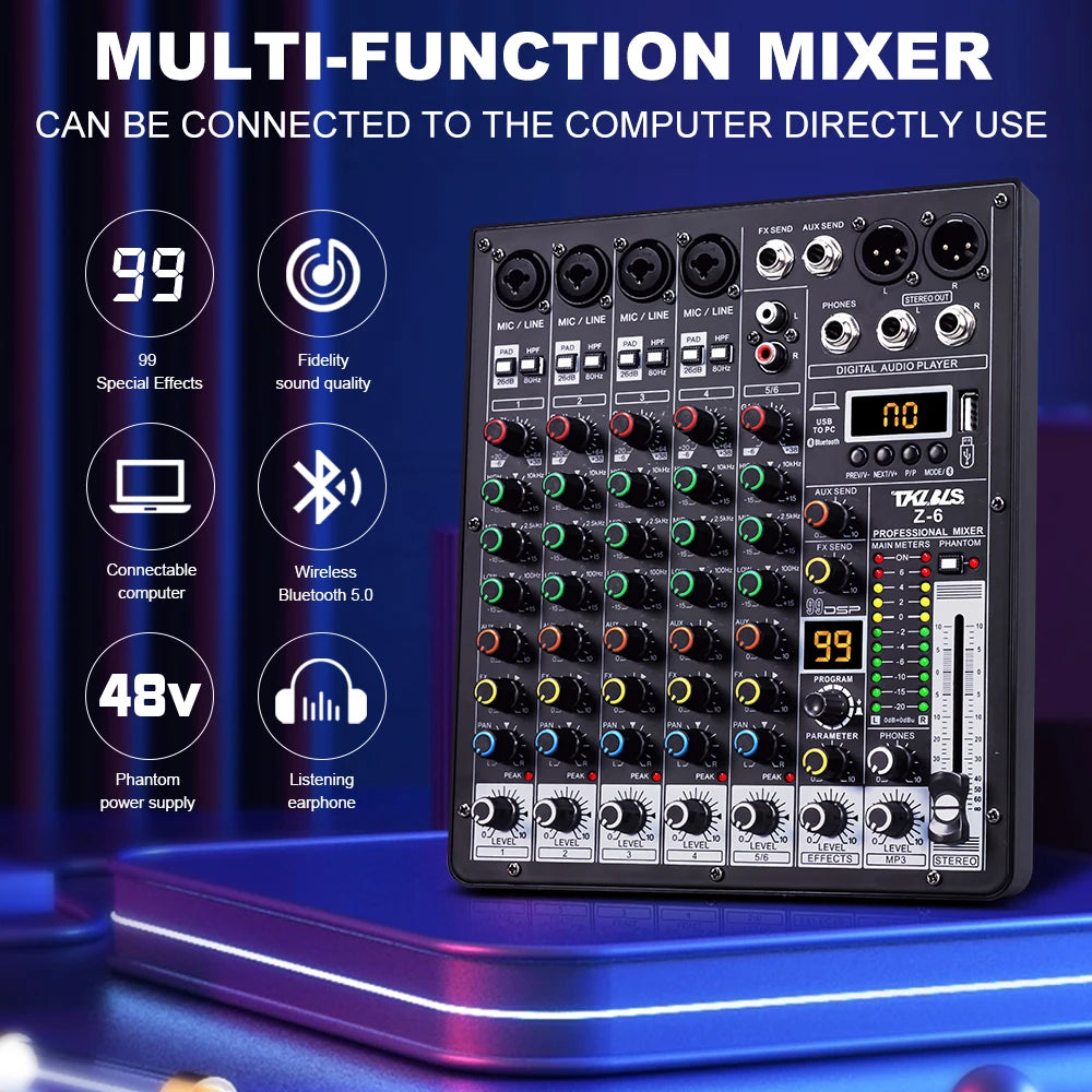 TKLBLS 6-Channel Professional Audio Mixer with DSP & Bluetooth