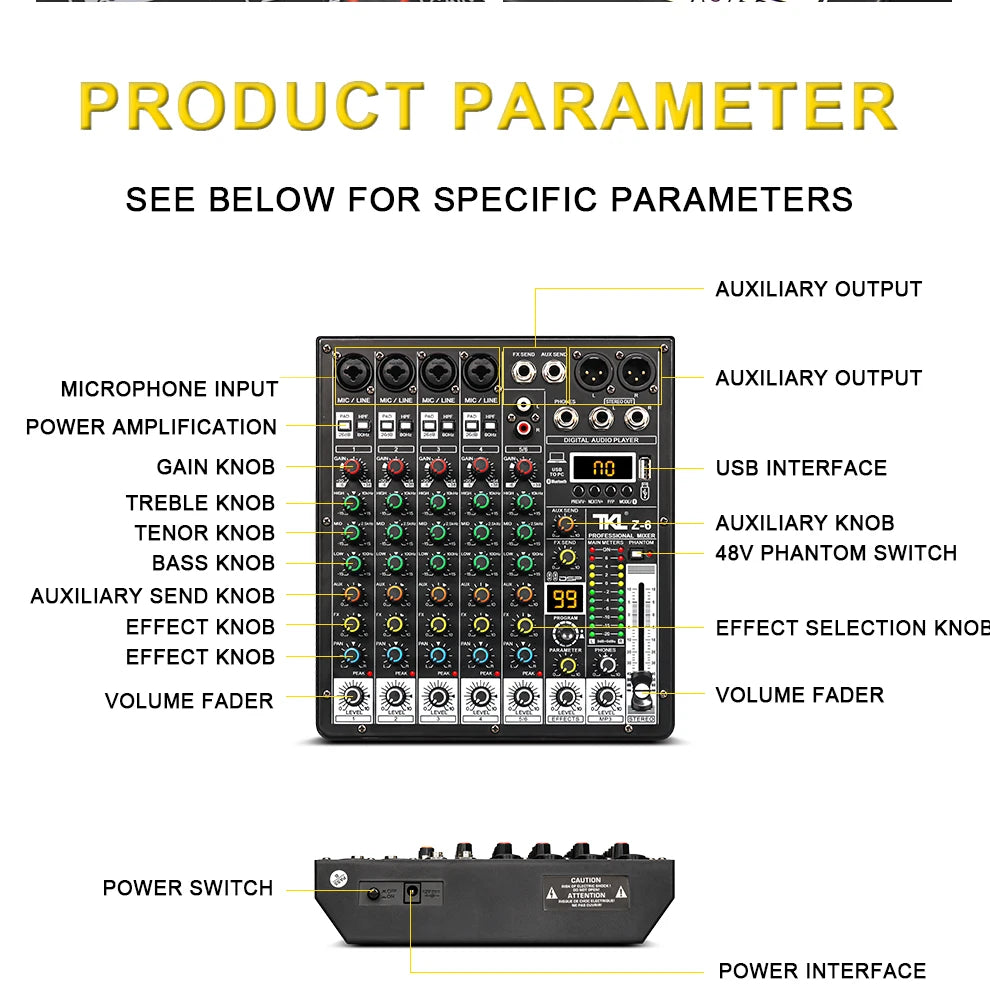 TKLBLS 6-Channel Professional Audio Mixer with DSP & Bluetooth