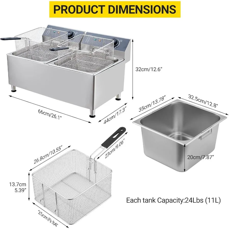 Twin 11L Commercial Deep Fryer with Dual 201 Stainless Steel Tanks and 2 Baskets Lids 3400W Total Power 1700W x 2 at 110V for H