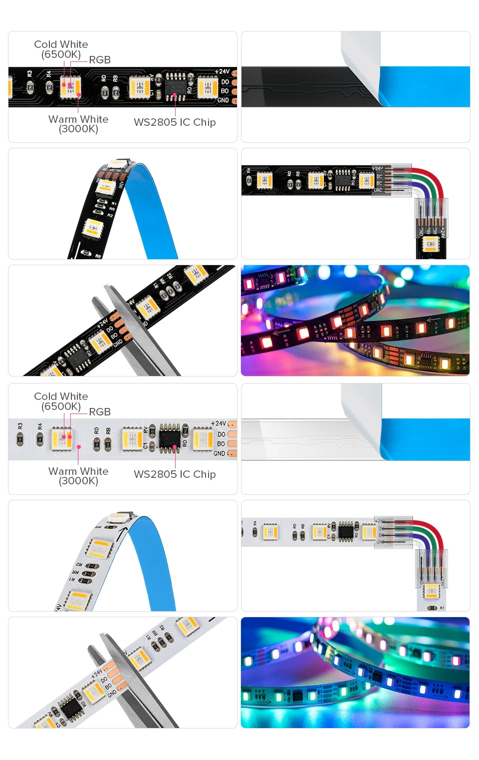WS2805 Pixels LED Strip Light RGBCCT 5 in 1 Addressable LED Lights Dual Signal RGB WW CW 3000K-6500K 12V 24V 60LED 1IC to 3/6LED