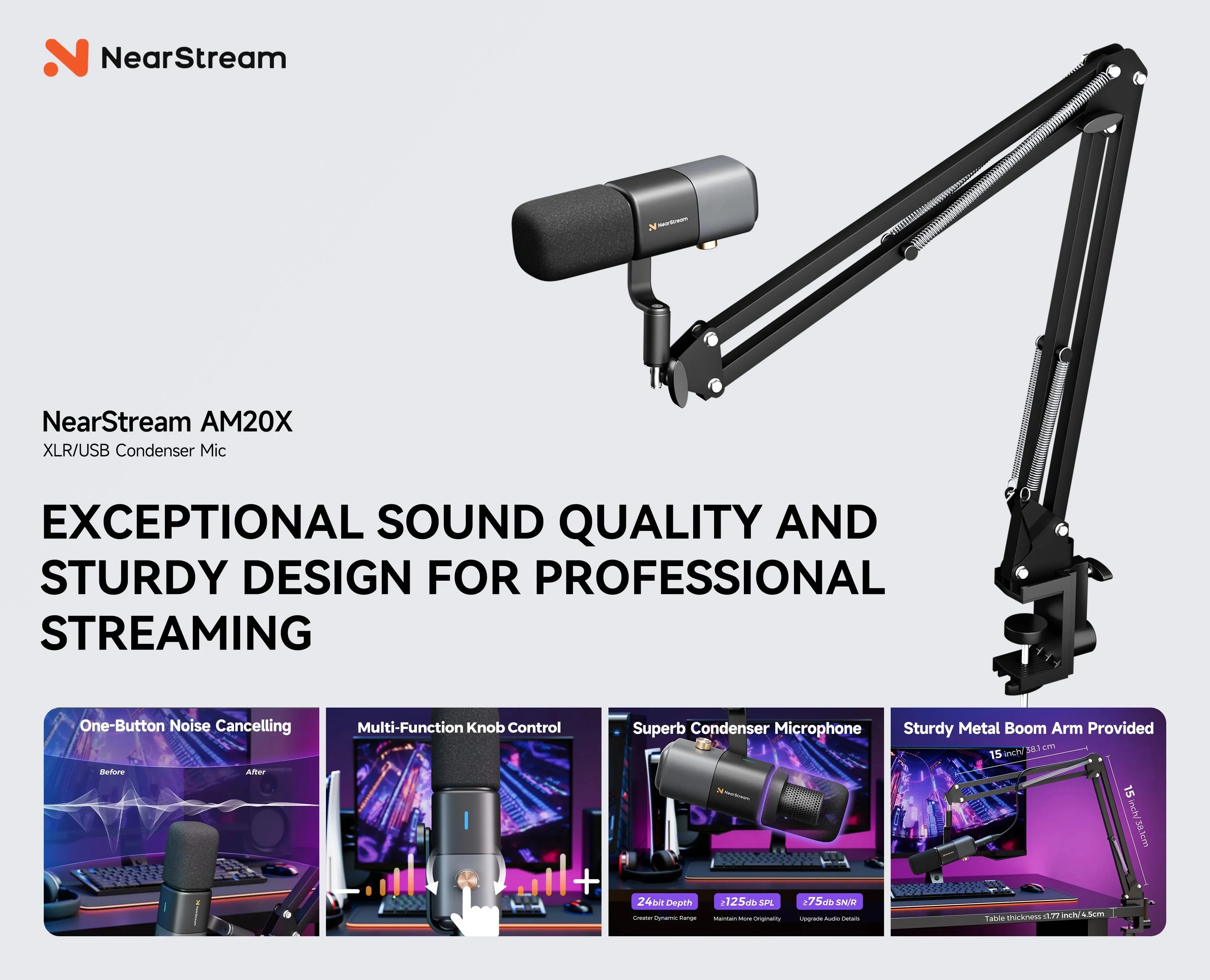 NearStream USB XLR Condenser Mic Boom Arm Plug-and-Play Professional Microphone pc for Streaming Podcast Studio set Recording