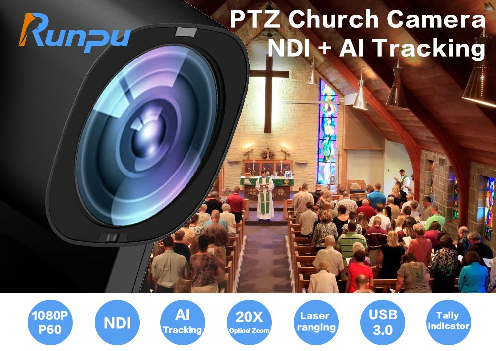 Runpu 1080P/60fps NDI Conference PTZ Video Camera 12/20/30x Zoom Ai Auto Tracking PTZ SDI Camera HDMI USB Outputs Support POE