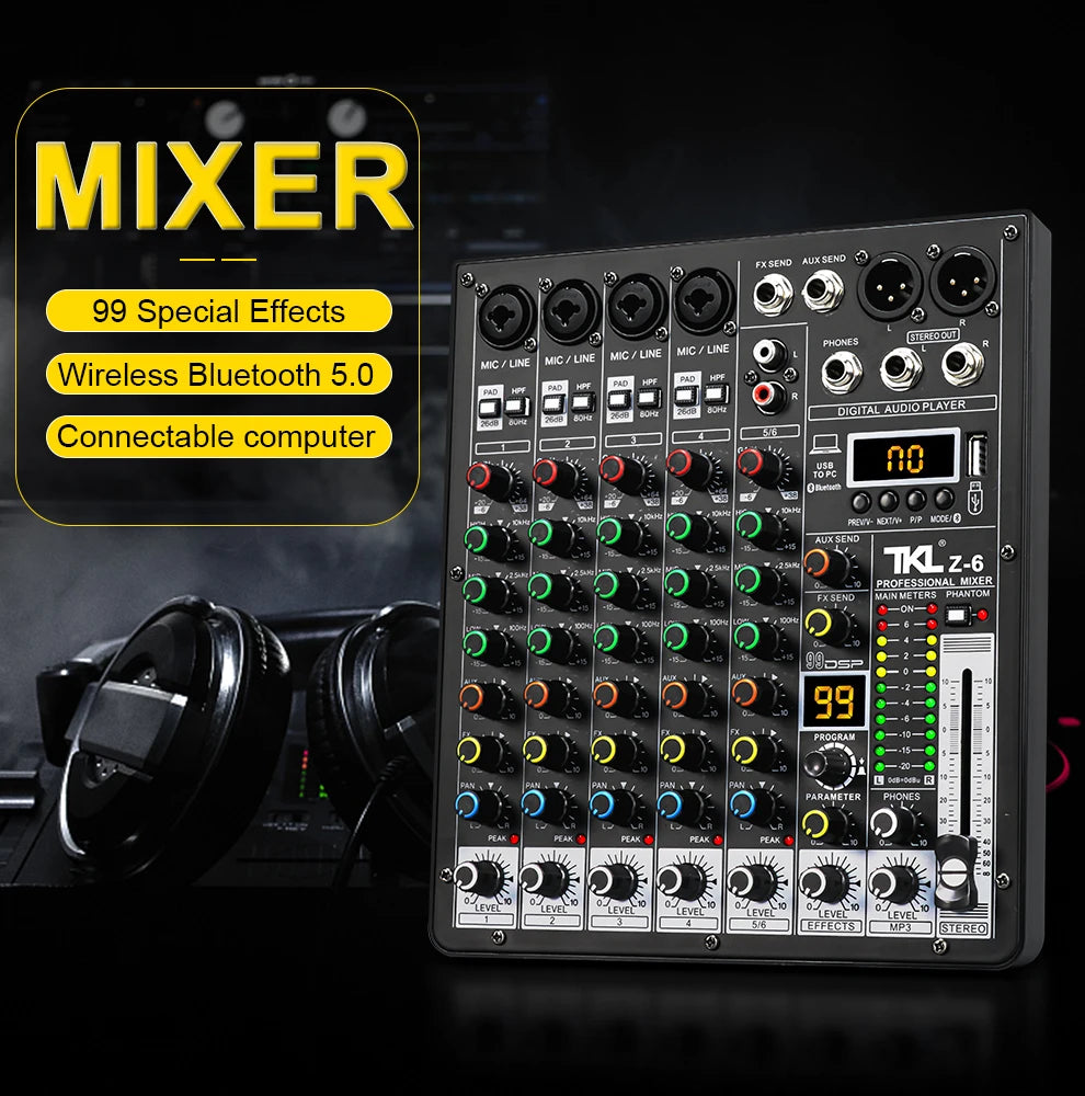 TKLBLS 6-Channel Professional Audio Mixer with DSP & Bluetooth