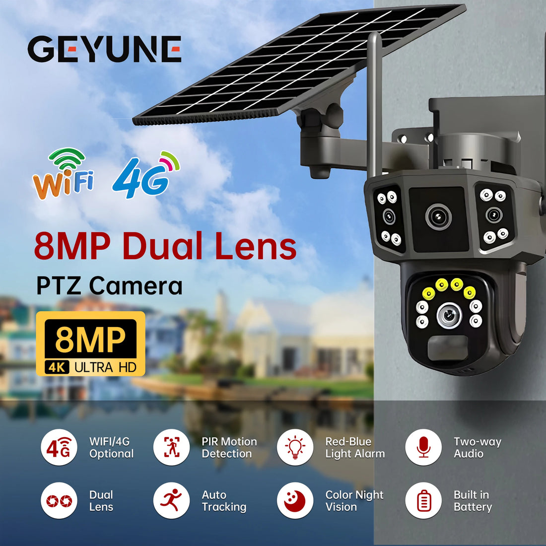 V380 4G SIM Solar Camera 4K Dual Lens Outdoor Security CCTV