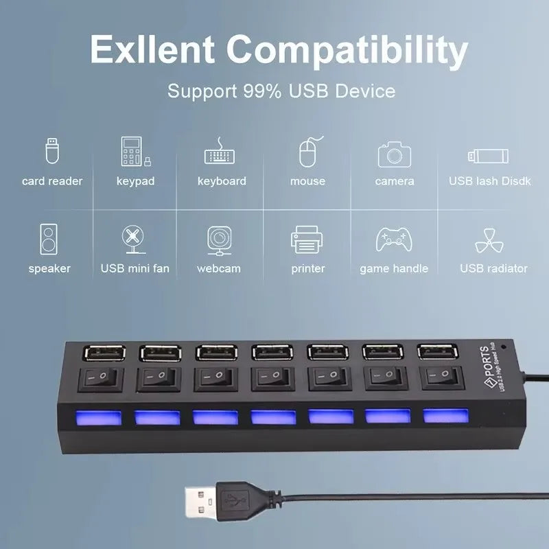 7-Port USB 2.0 Extension Hub – One-to-Seven Splitter for PC & Laptop