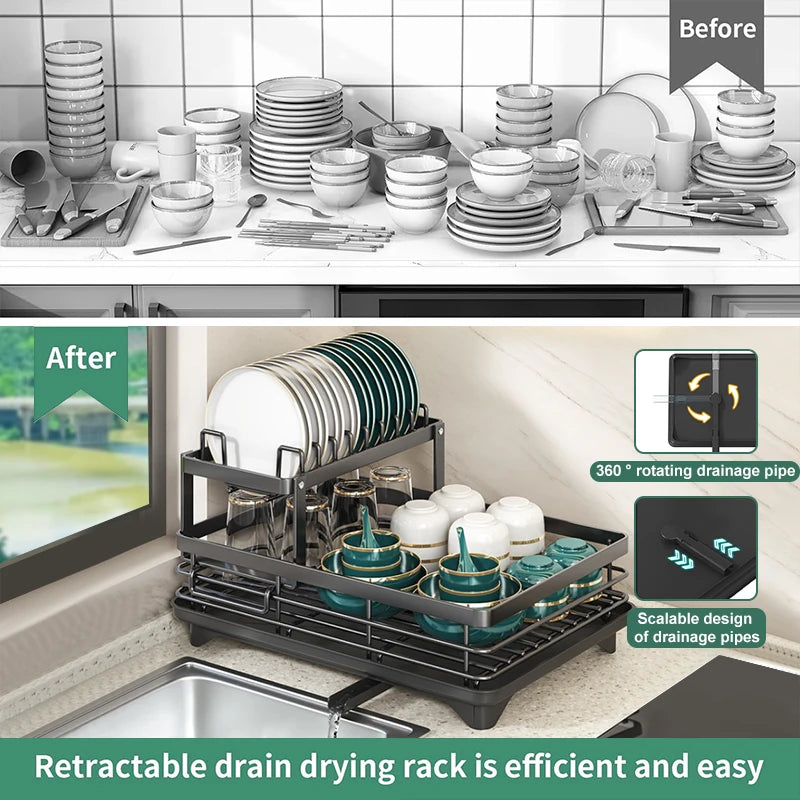 Large Dish Drying Rack with Drainboard & Swivel Spout – Black