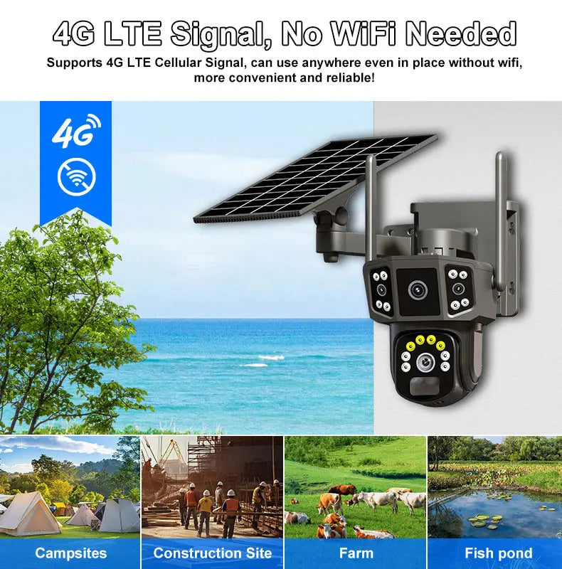 V380 4G SIM Solar Camera 4K Dual Lens Outdoor Security CCTV