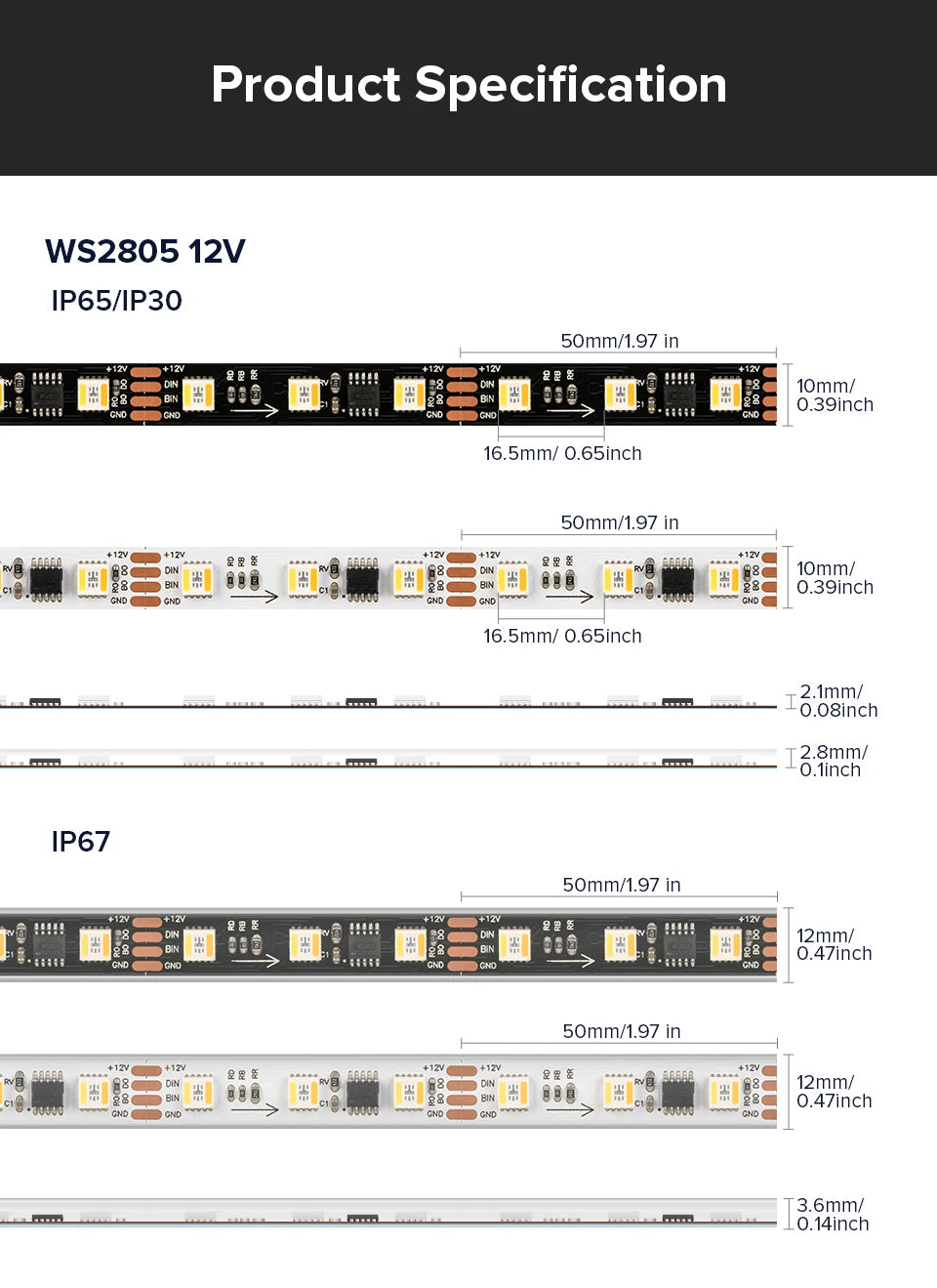 WS2805 Pixels LED Strip Light RGBCCT 5 in 1 Addressable LED Lights Dual Signal RGB WW CW 3000K-6500K 12V 24V 60LED 1IC to 3/6LED
