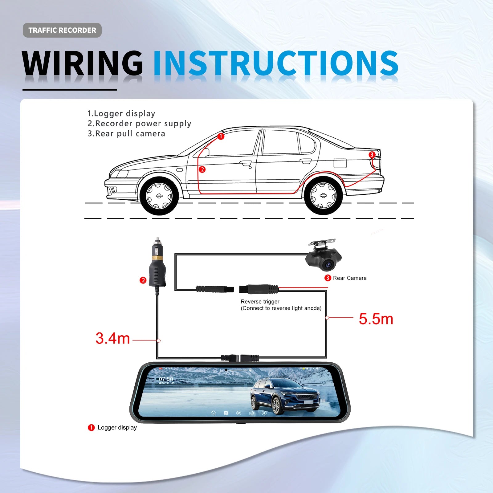 Podofo 9.66Inch Dash Cam 1080P Car DVR Dual Lens HD Rear View Mirror Car Recorder Loop Recording Motion Detection Night Vision