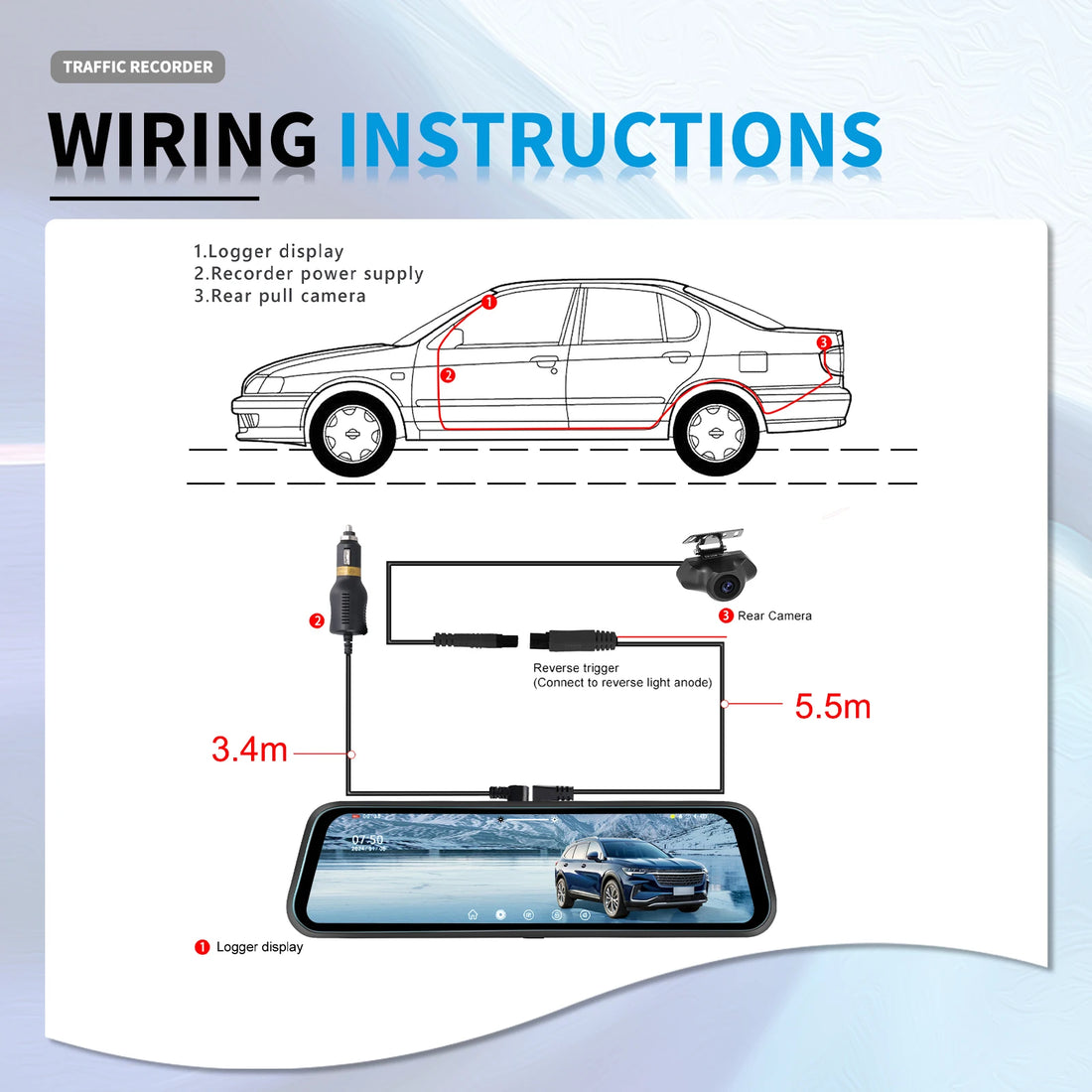 Podofo 9.66Inch Dash Cam 1080P Car DVR Dual Lens HD Rear View Mirror Car Recorder Loop Recording Motion Detection Night Vision