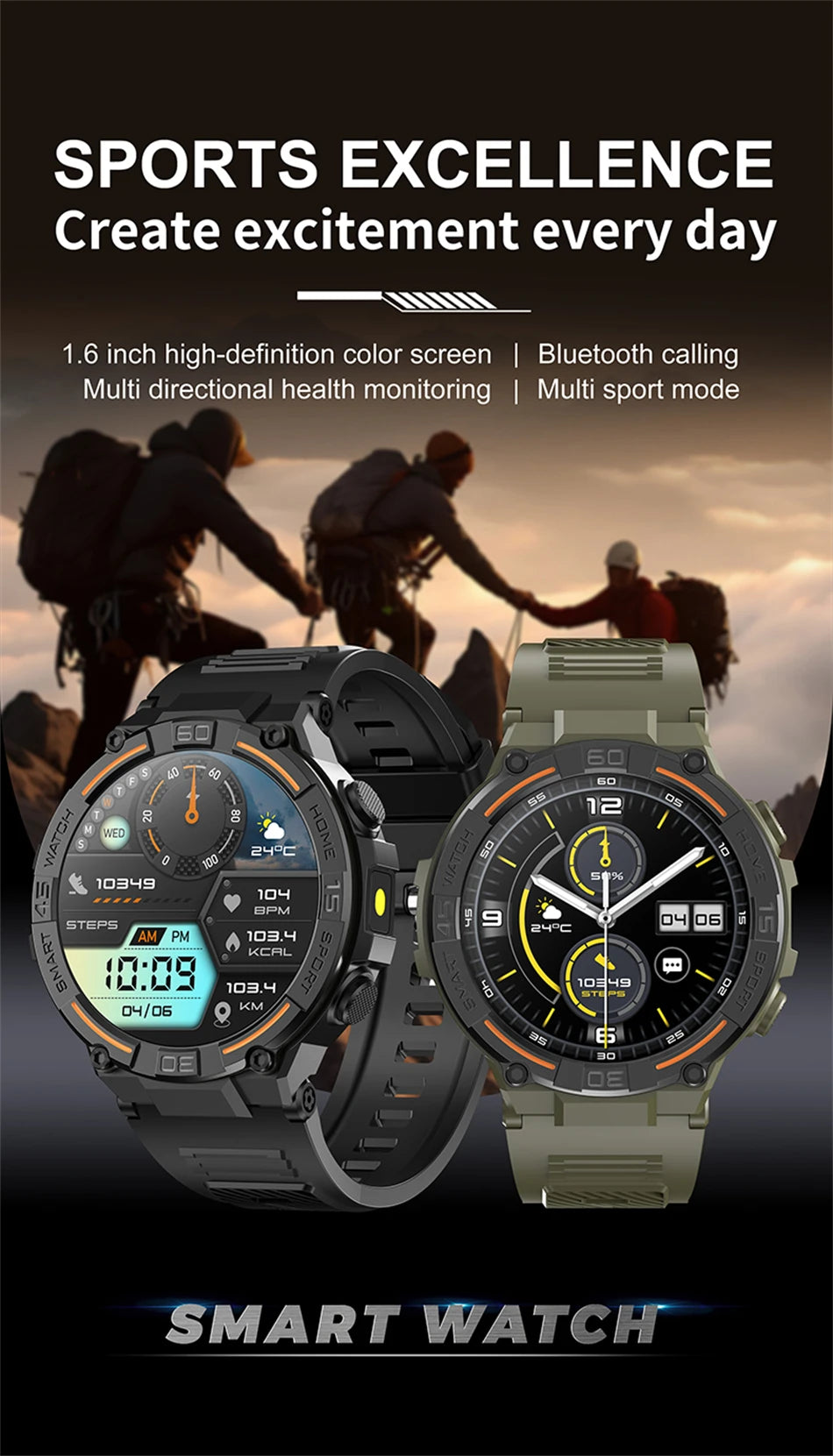 Military Smartwatch with HD Screen & BT Call