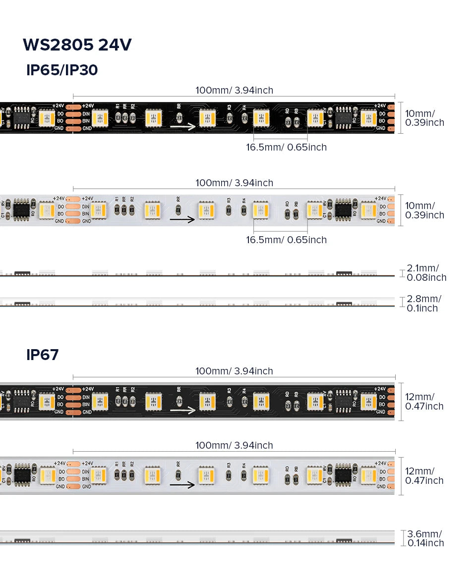 WS2805 Pixels LED Strip Light RGBCCT 5 in 1 Addressable LED Lights Dual Signal RGB WW CW 3000K-6500K 12V 24V 60LED 1IC to 3/6LED