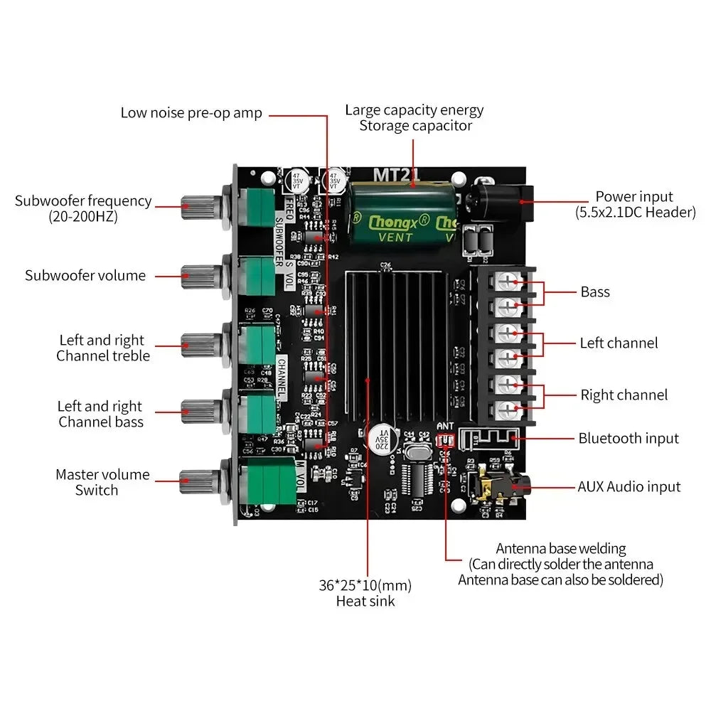 ZK-MT21 2.1 Channel Bluetooth Power Amplifier Board (2x50W + 100W)