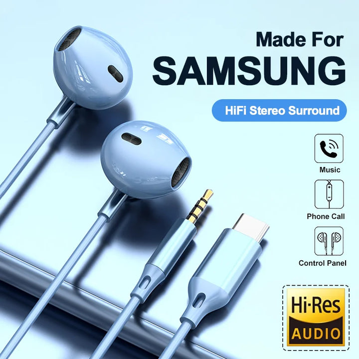 HiFi Wired Earphones USB-C/3.5mm for Samsung Galaxy