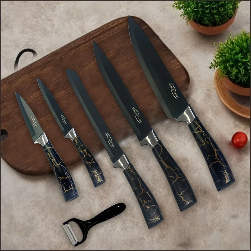 Kitchen knife set, stainless steel non-stick knife, black-edged marble rose gold six-piece set, 2025 explosion