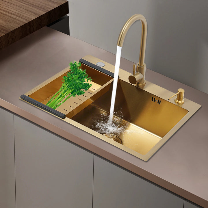 Gold Kitchen Sink,Rectangular Sink Single Bowl Sink with Draining Basket&Gold Soap Dispenser&Gold Faucet 60*45CM