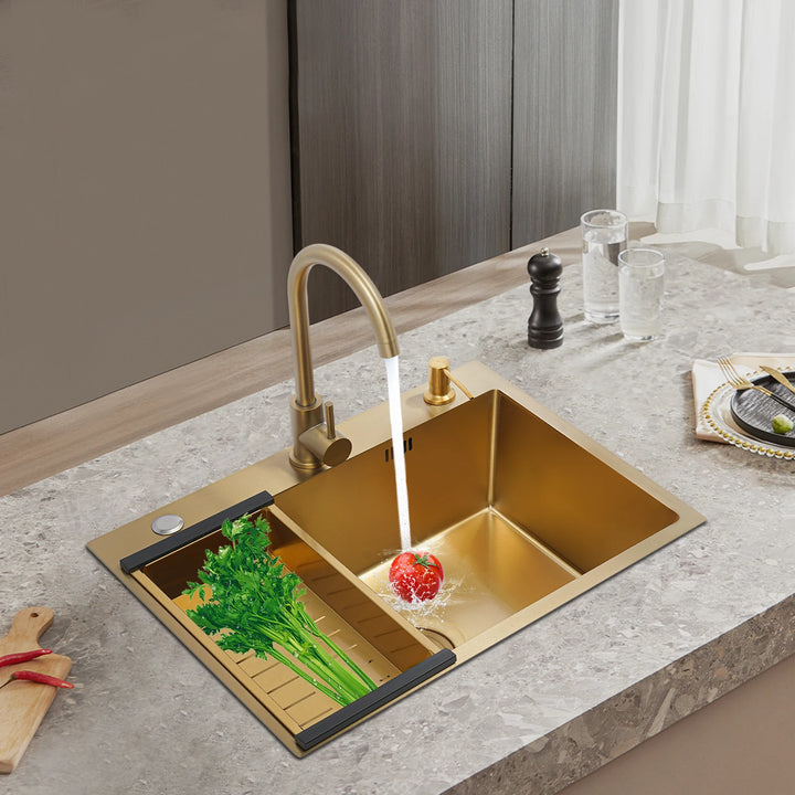 Gold Kitchen Sink,Rectangular Sink Single Bowl Sink with Draining Basket&Gold Soap Dispenser&Gold Faucet 60*45CM