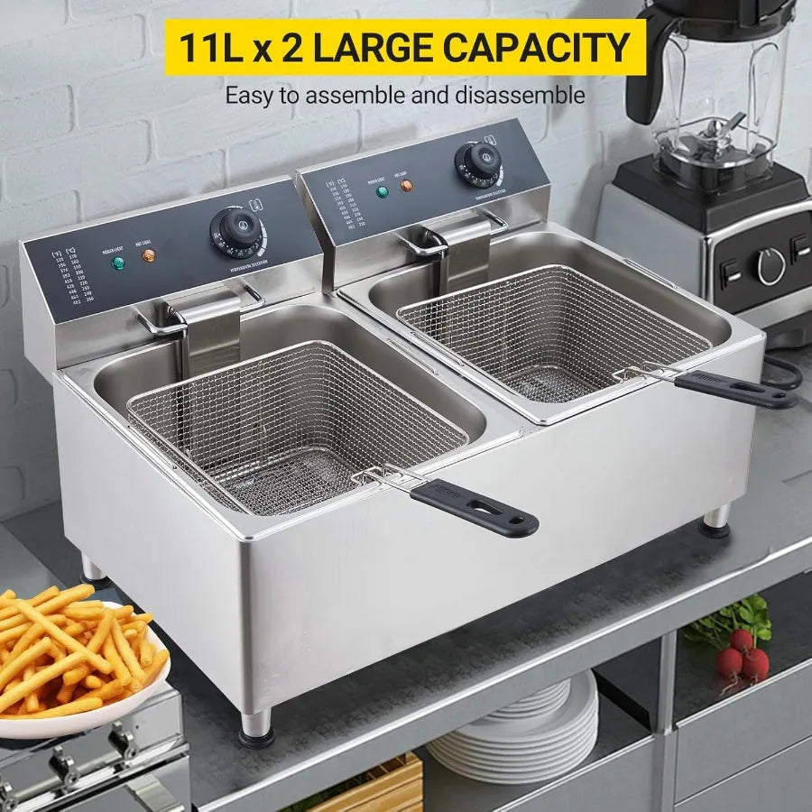 Twin 11L Commercial Deep Fryer with Dual 201 Stainless Steel Tanks and 2 Baskets Lids 3400W Total Power 1700W x 2 at 110V for H
