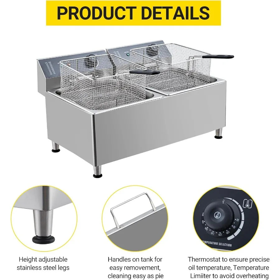 Twin 11L Commercial Deep Fryer with Dual 201 Stainless Steel Tanks and 2 Baskets Lids 3400W Total Power 1700W x 2 at 110V for H