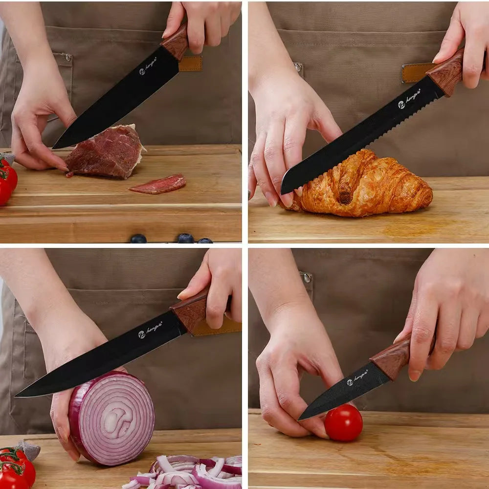 Kitchen knife set, stainless steel non-stick knife, black-edged marble rose gold six-piece set, 2025 explosion