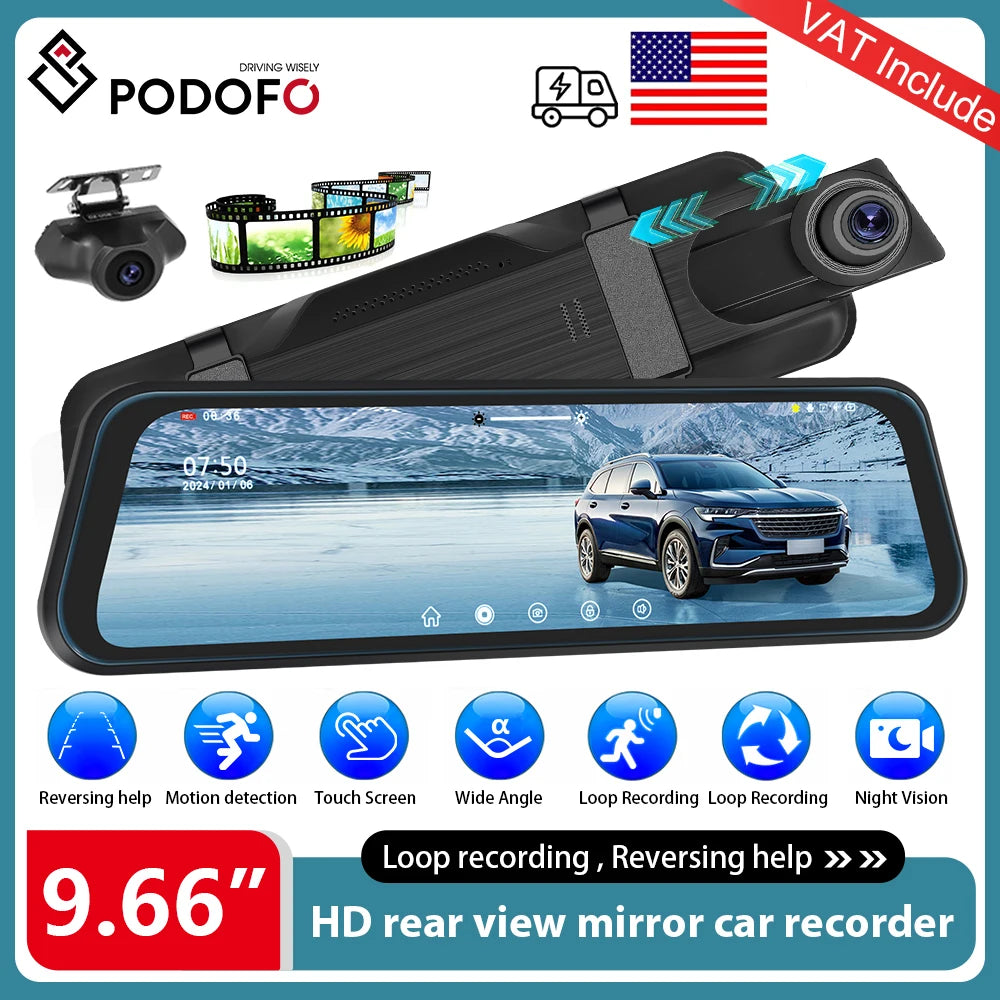 Podofo 9.66Inch Dash Cam 1080P Car DVR Dual Lens HD Rear View Mirror Car Recorder Loop Recording Motion Detection Night Vision