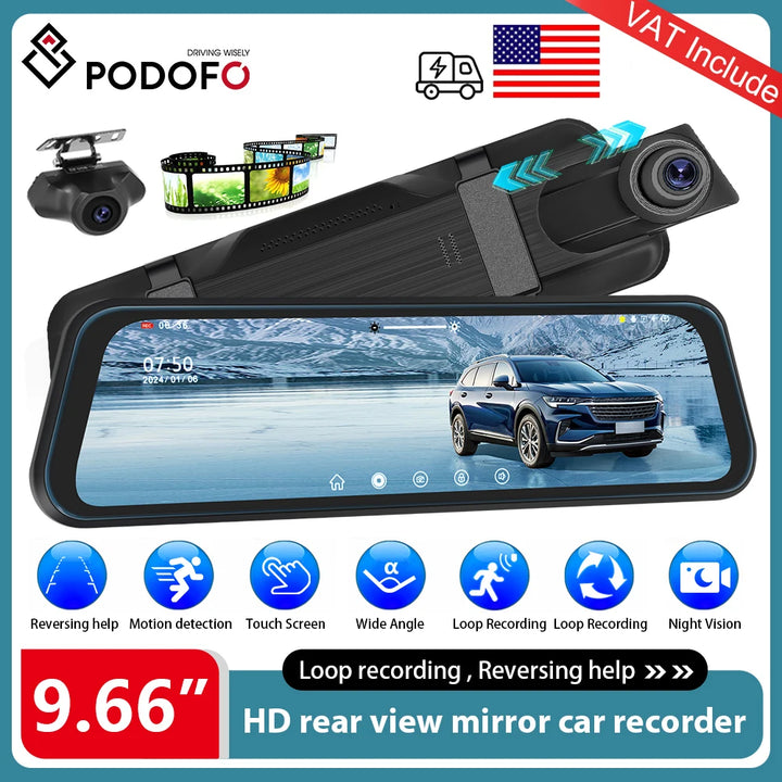 Podofo 9.66Inch Dash Cam 1080P Car DVR Dual Lens HD Rear View Mirror Car Recorder Loop Recording Motion Detection Night Vision
