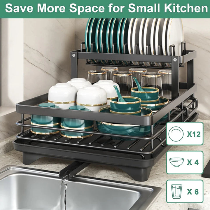 Large Dish Drying Rack with Drainboard & Swivel Spout – Black