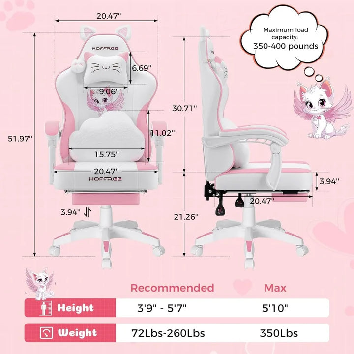 Pink Gaming Chair with Cat Ears and Cloud Massage Lumbar Ergonomic Cute Computer Chair for Girls with Footrest Comfortable Recl