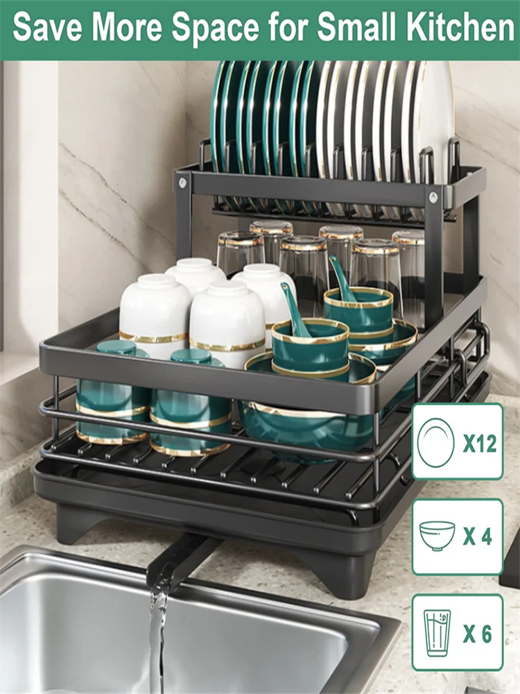 Large Dish Drying Rack with Drainboard & Swivel Spout – Black