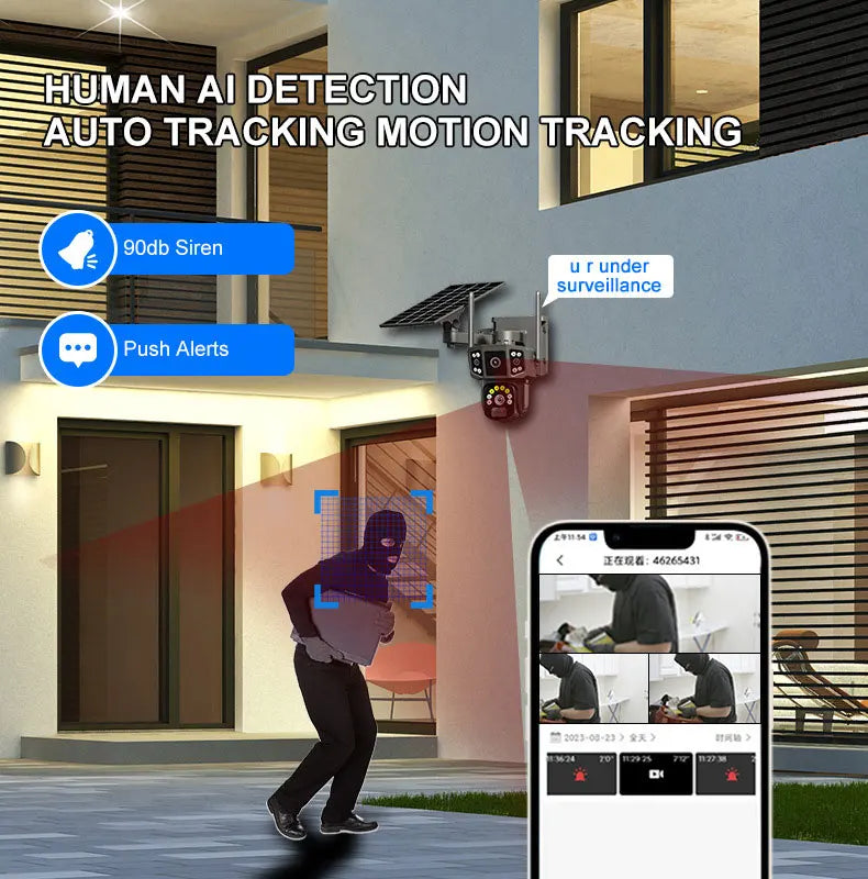 V380 4G SIM Solar Camera 4K Dual Lens Outdoor Security CCTV