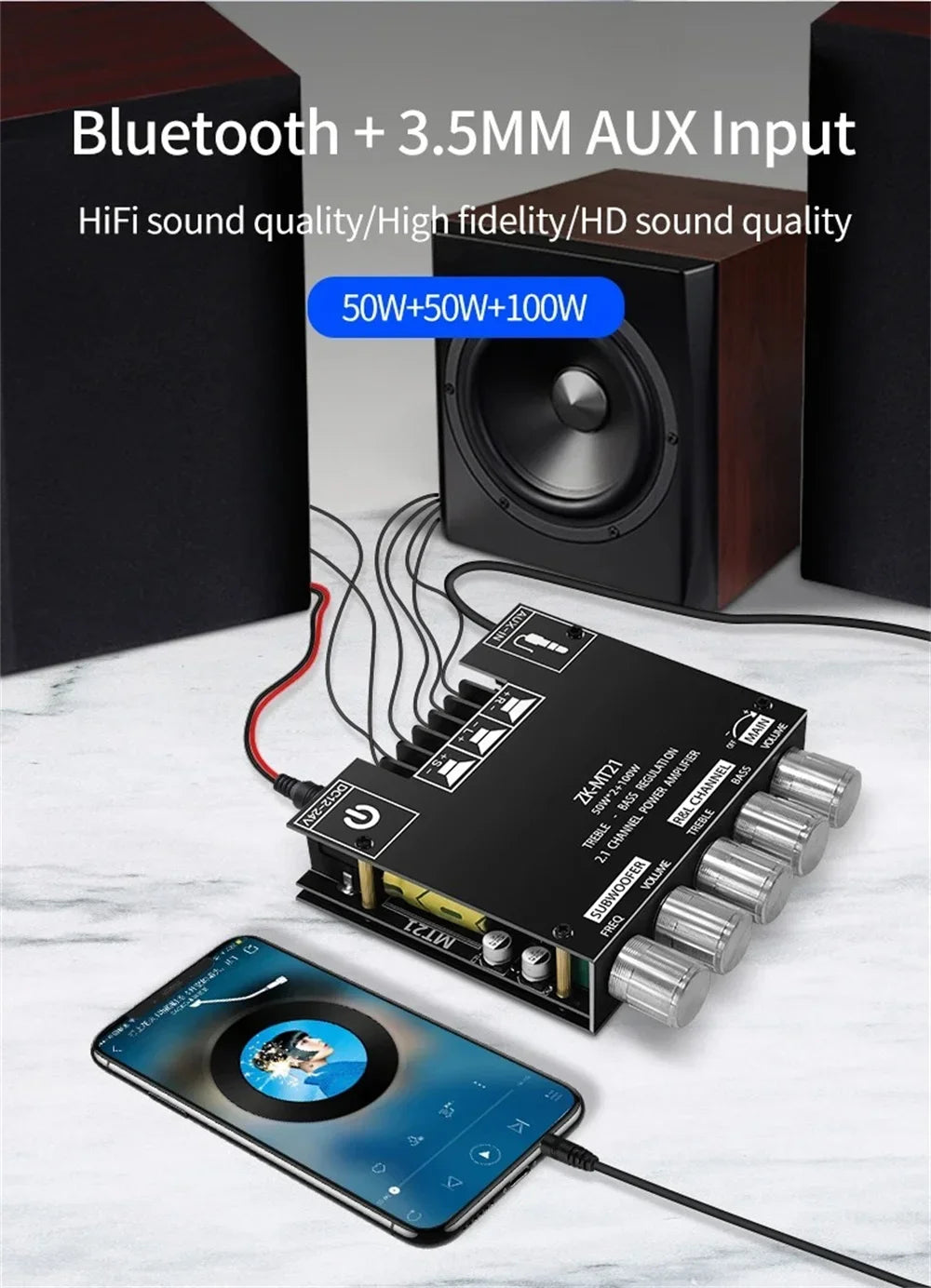 ZK-MT21 2.1 Channel Bluetooth Power Amplifier Board (2x50W + 100W)