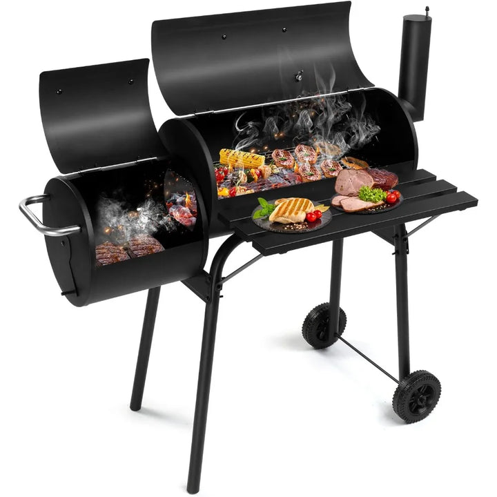 Large Outdoor BBQ Smoker Grill with Offset Smoker and Wheels for Backyard and Patio Parties