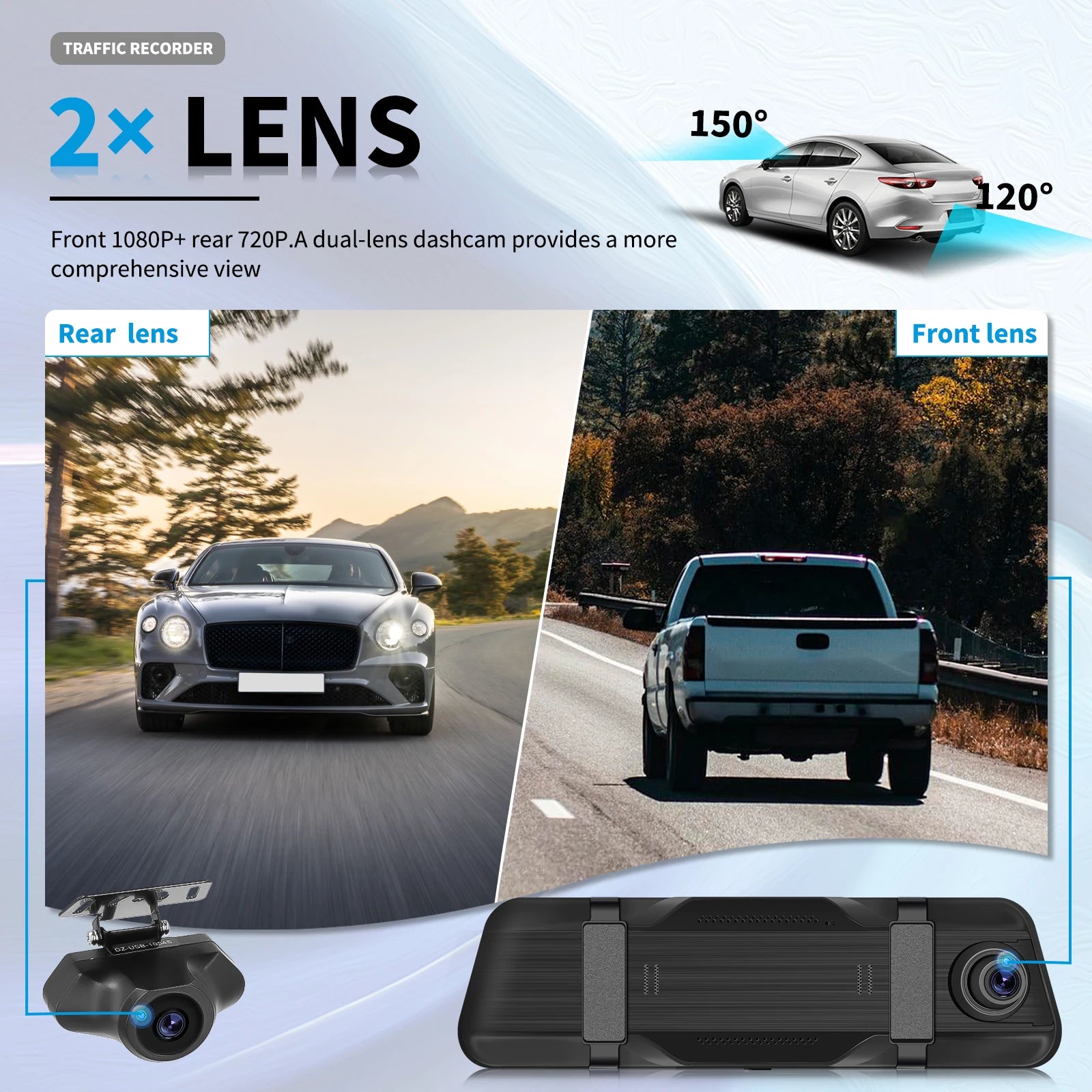 Podofo 9.66Inch Dash Cam 1080P Car DVR Dual Lens HD Rear View Mirror Car Recorder Loop Recording Motion Detection Night Vision
