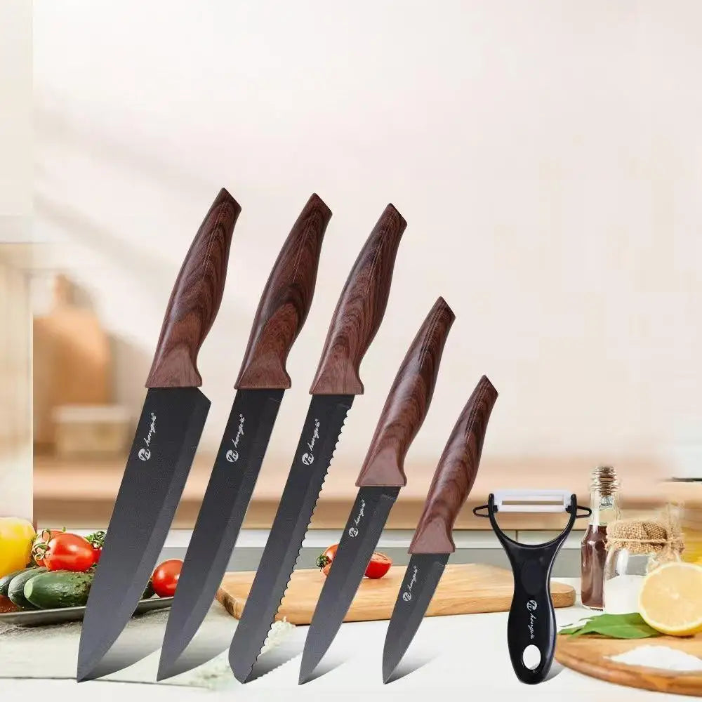Kitchen knife set, stainless steel non-stick knife, black-edged marble rose gold six-piece set, 2025 explosion